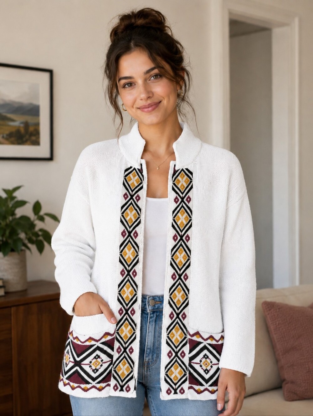 Old Navy Womens Southwest Long Open Front Cardigan Size Medium Knit Aztec Boho